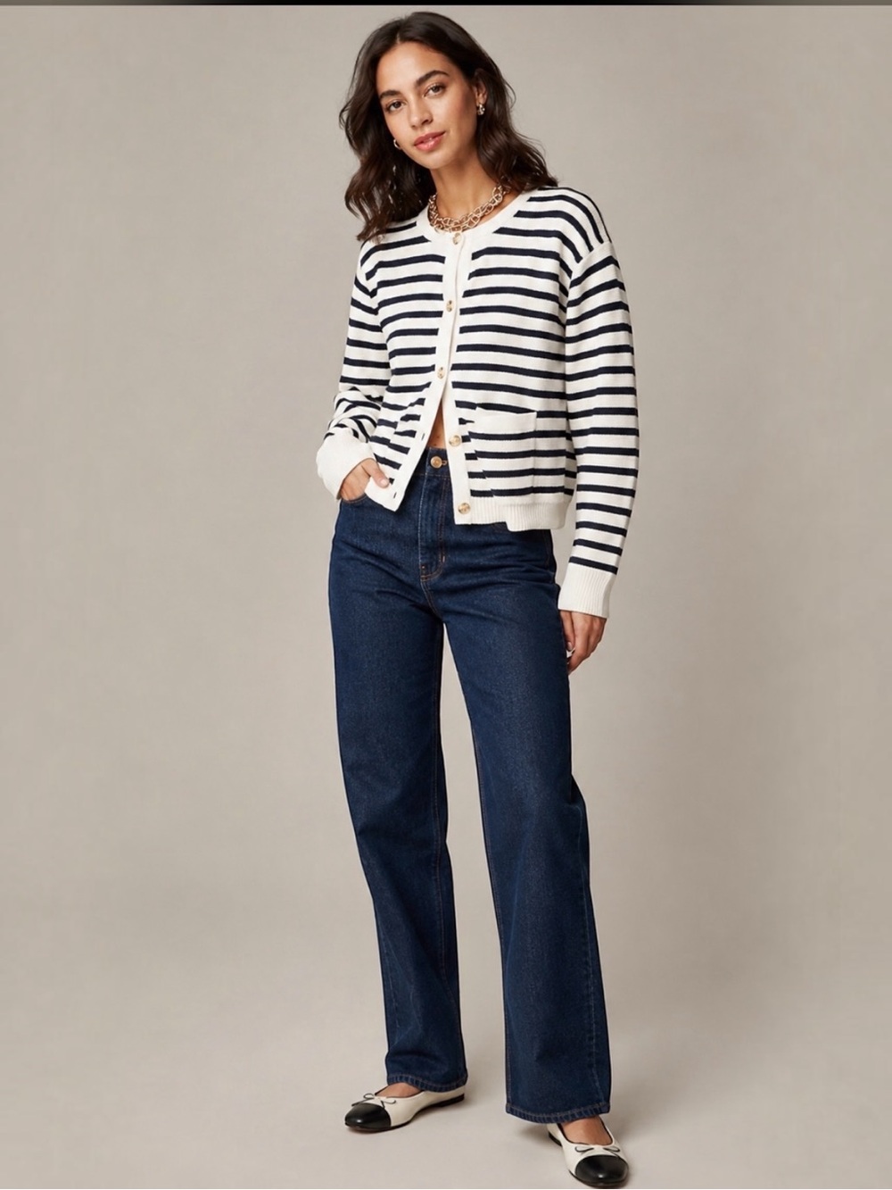 J. Crew Relaxed Emilie Sweater Jacket Natural Navy Stripe Cardigan XL Boxy